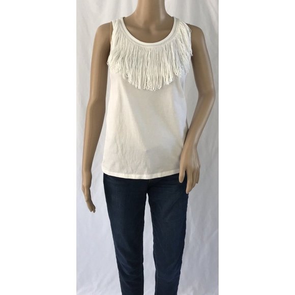 Topshop Top US 2 White Sleeveless Top Racer Back Fringe Neckline Scoop Neck - Picture 1 of 9